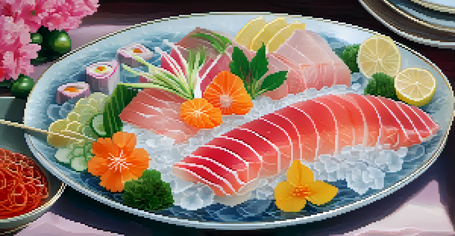 An elegant plate of sashimi displayed on ice, adorned with edible flowers and vegetables, with soft lighting highlighting the freshness.
