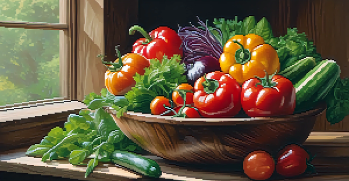 A colorful salad bowl filled with fresh raw vegetables like tomatoes, cucumbers, and bell peppers, with natural light highlighting the freshness.