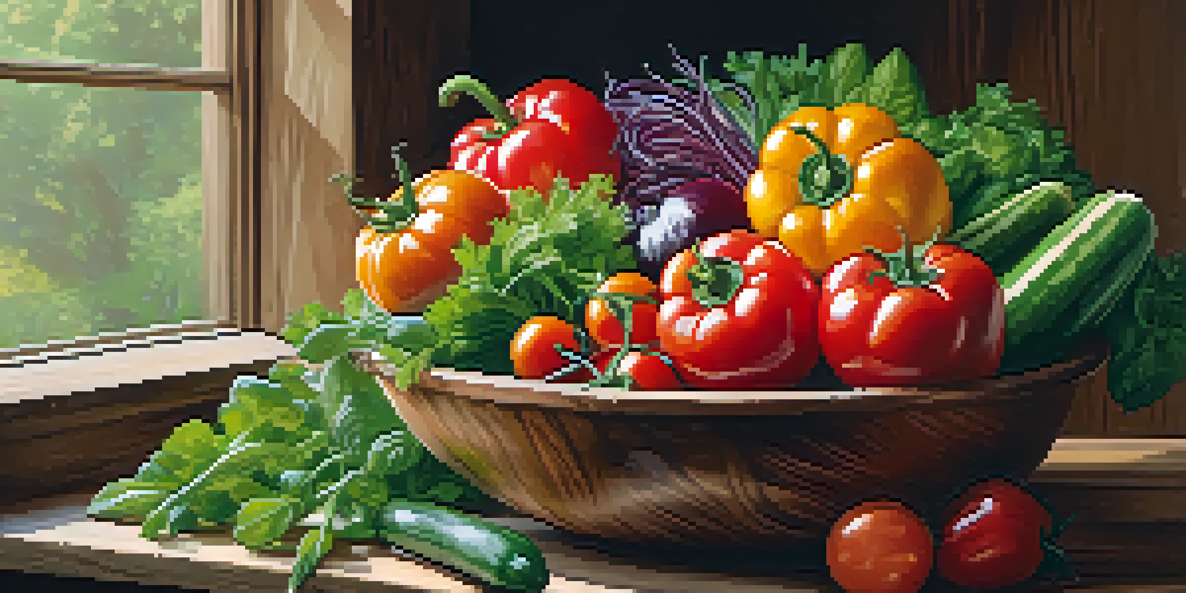 A colorful salad bowl filled with fresh raw vegetables like tomatoes, cucumbers, and bell peppers, with natural light highlighting the freshness.