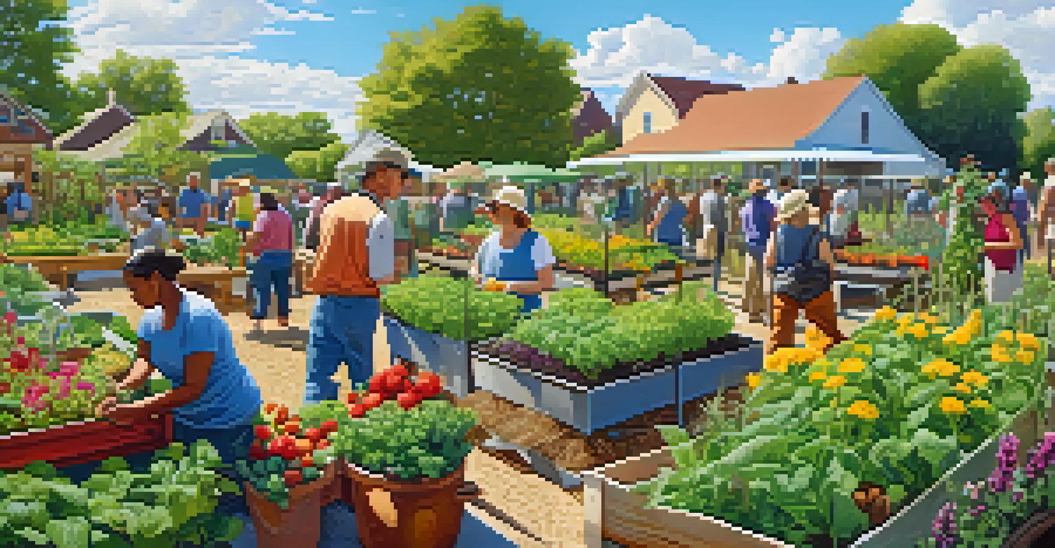 A diverse group of people working in a community garden, planting and harvesting organic produce under a clear blue sky.
