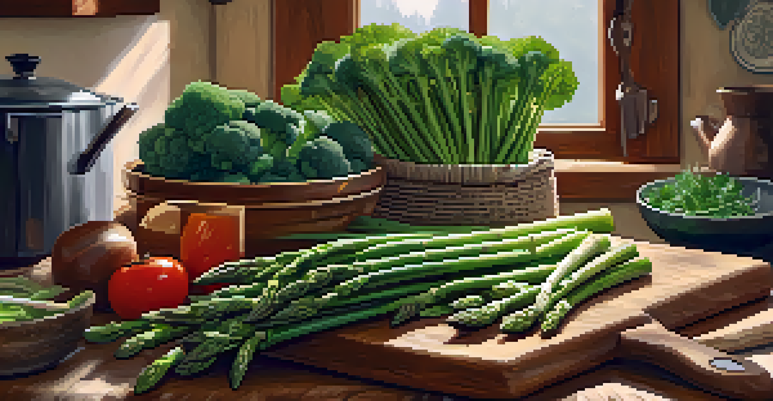 A wooden cutting board displaying fresh asparagus, collard greens, and broccoli in a rustic kitchen setting with warm lighting.