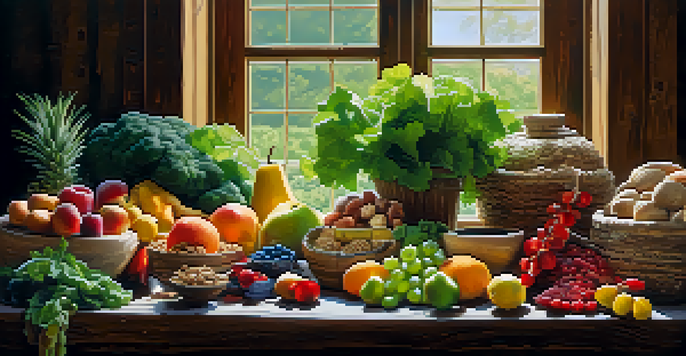 A colorful arrangement of fresh raw foods such as fruits, vegetables, nuts, and seeds on a wooden table illuminated by natural sunlight.