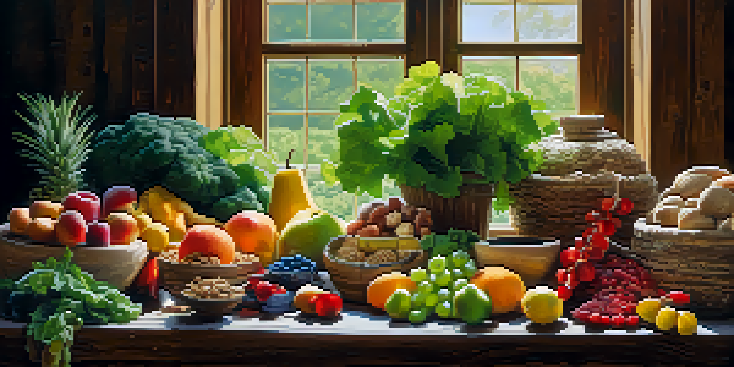 A colorful arrangement of fresh raw foods such as fruits, vegetables, nuts, and seeds on a wooden table illuminated by natural sunlight.