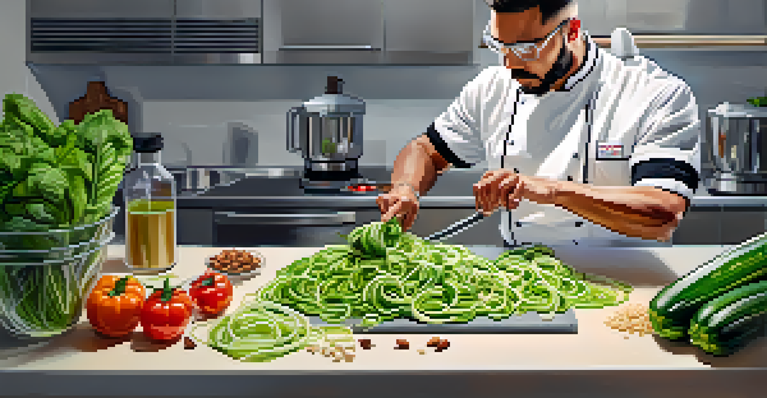 A chef preparing raw zucchini noodles in a modern kitchen, with fresh vegetables and a spiralizer visible on the counter.