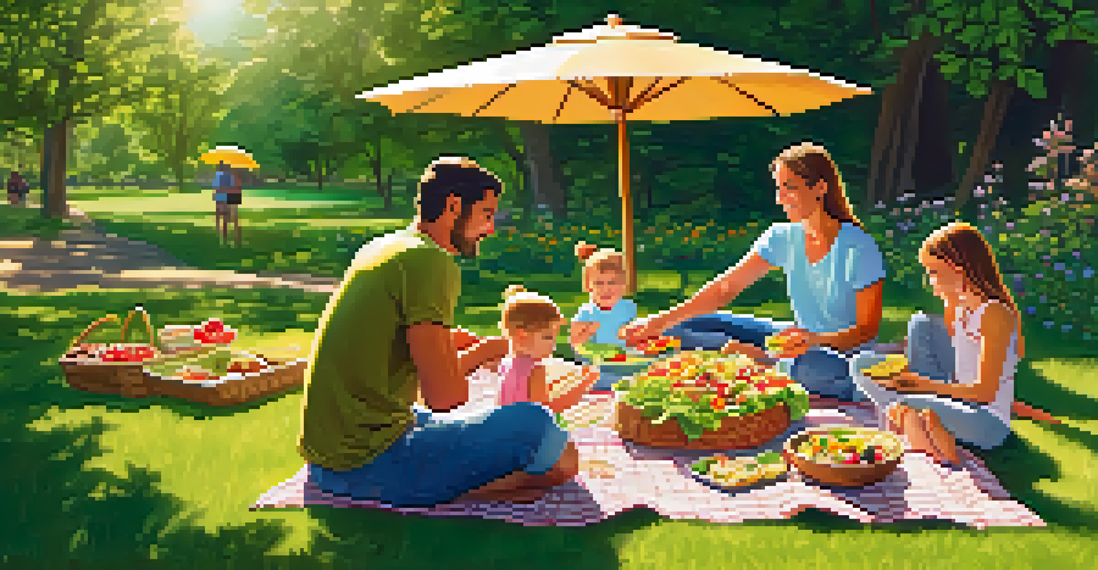 A family picnic in a park with a spread of raw vegan dishes on a blanket surrounded by greenery.