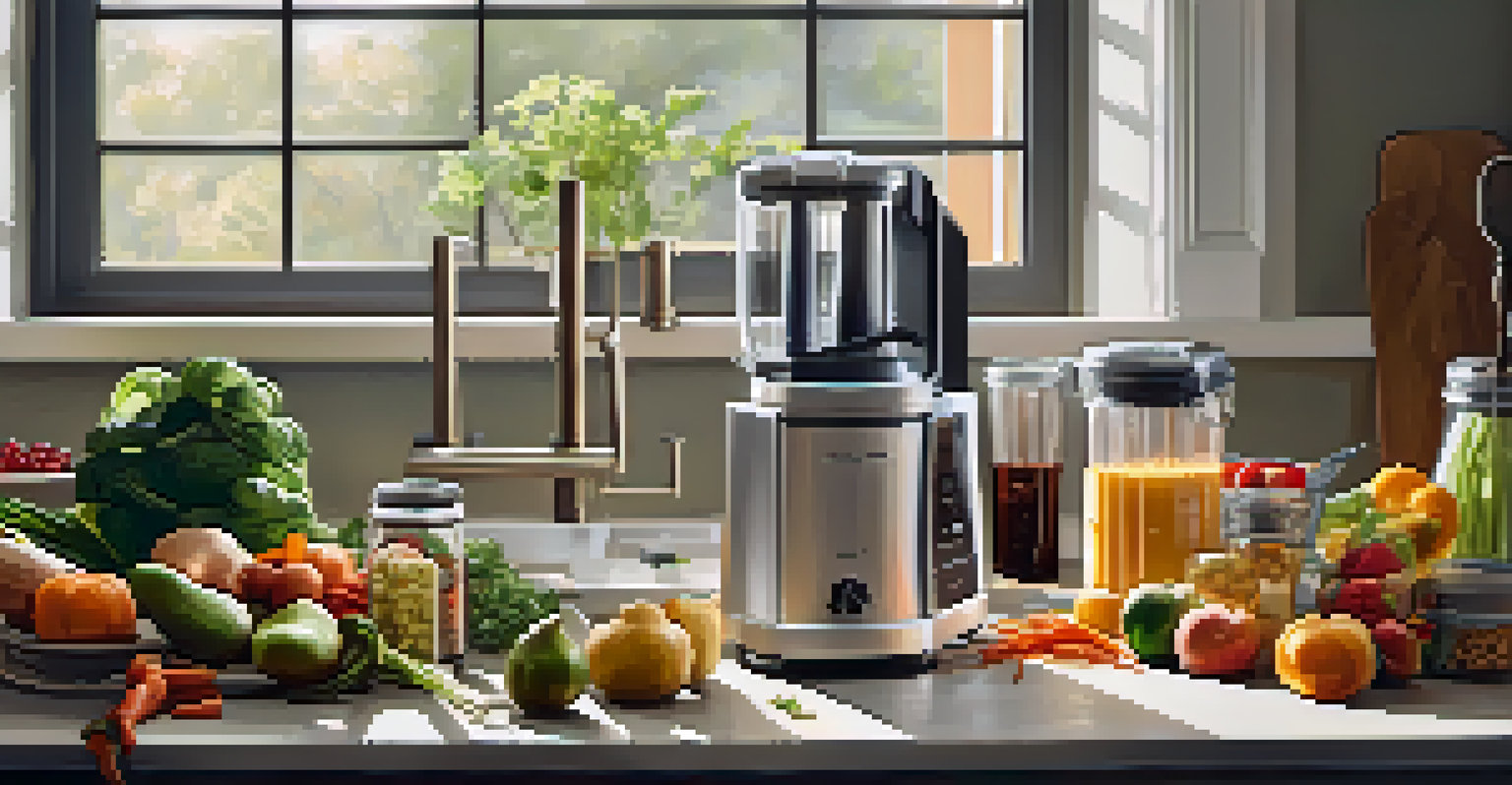 A kitchen countertop showcasing raw food preparation tools and fresh ingredients, illuminated by warm natural light.