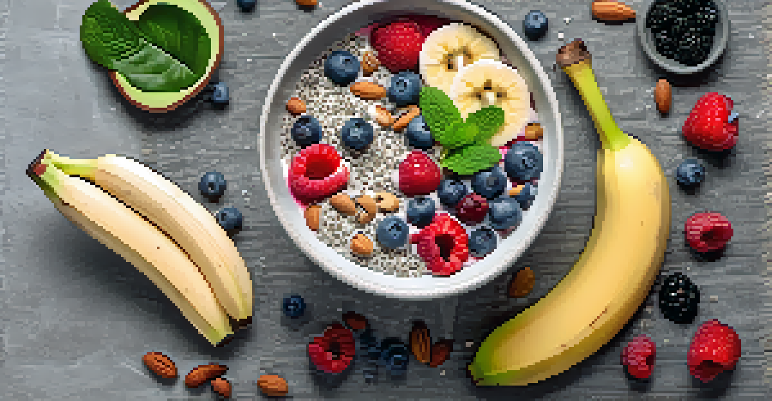 A flat lay of a smoothie bowl with toppings and raw ingredients around it, set on a gray cloth.