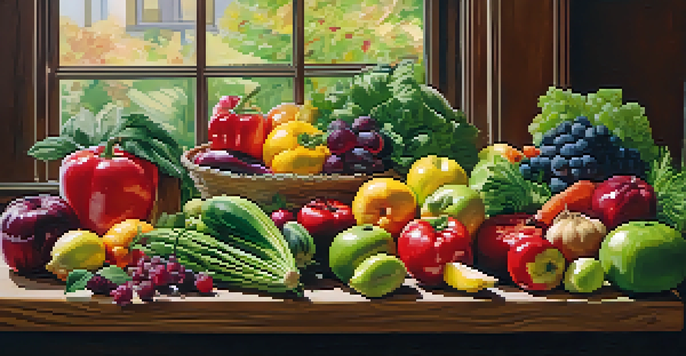 A colorful array of fresh raw fruits and vegetables on a wooden table illuminated by sunlight.