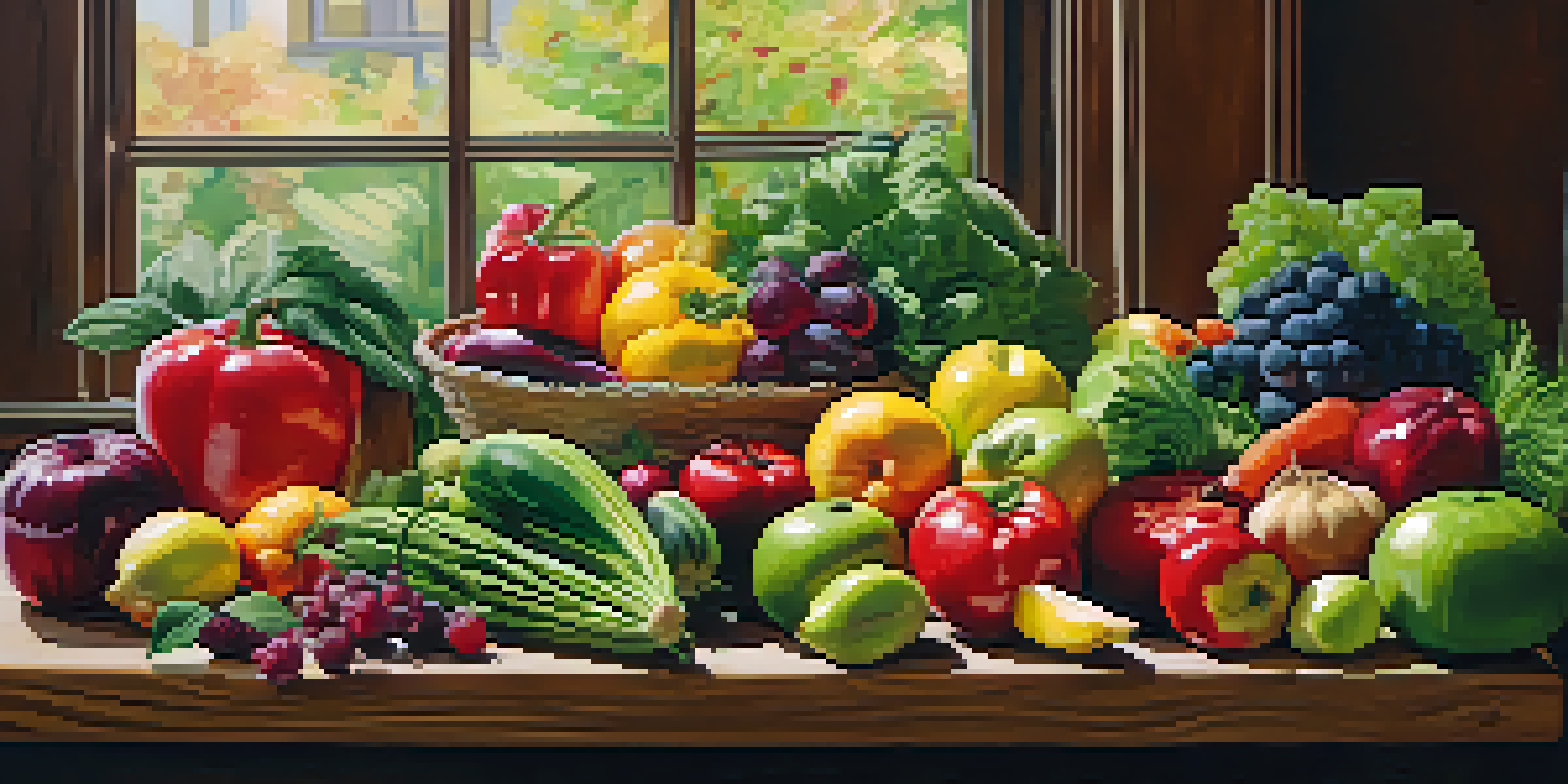 A colorful array of fresh raw fruits and vegetables on a wooden table illuminated by sunlight.
