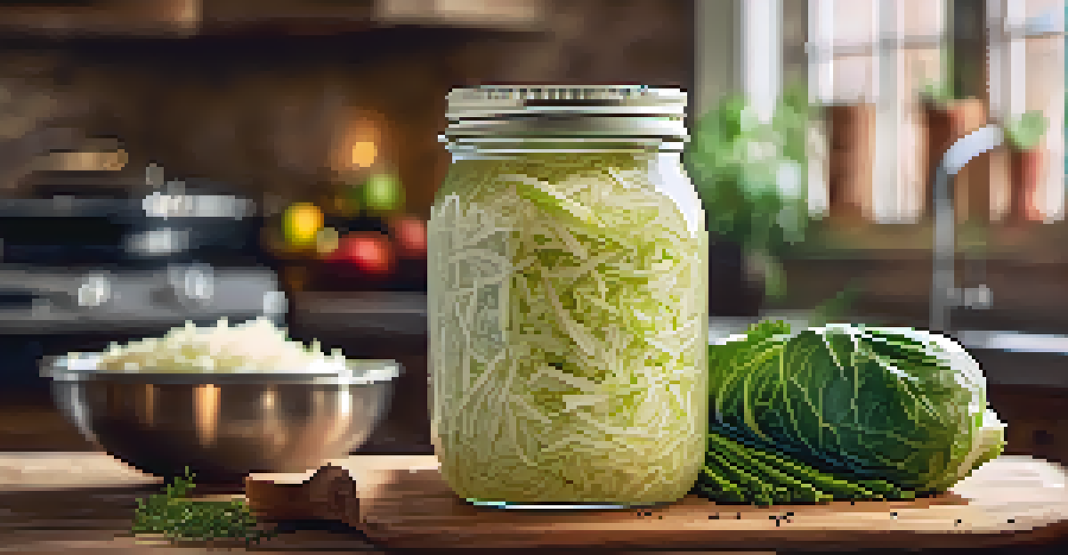 A close-up view of a jar of homemade sauerkraut filled with vibrant shredded cabbage, set against a rustic kitchen background.