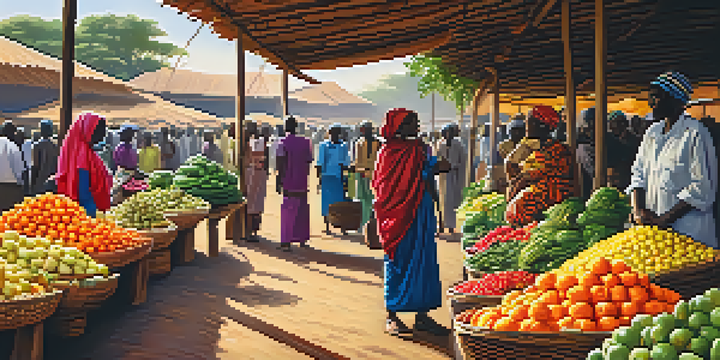 A lively East African market filled with colorful fruits and vegetables, with people in traditional clothing engaged in conversation under warm sunlight.