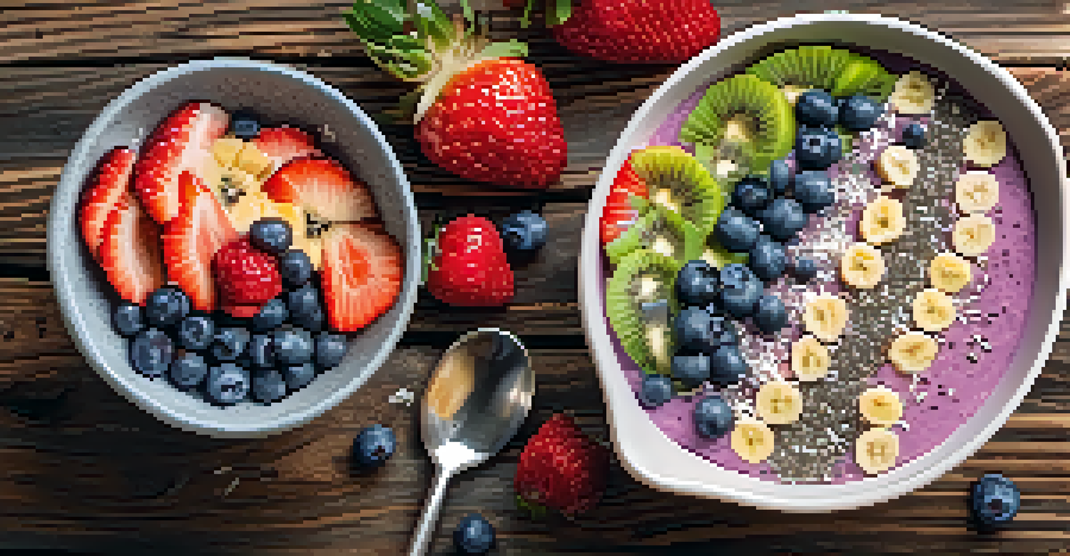 A smoothie bowl filled with colorful fruits and toppings, placed on a wooden table.
