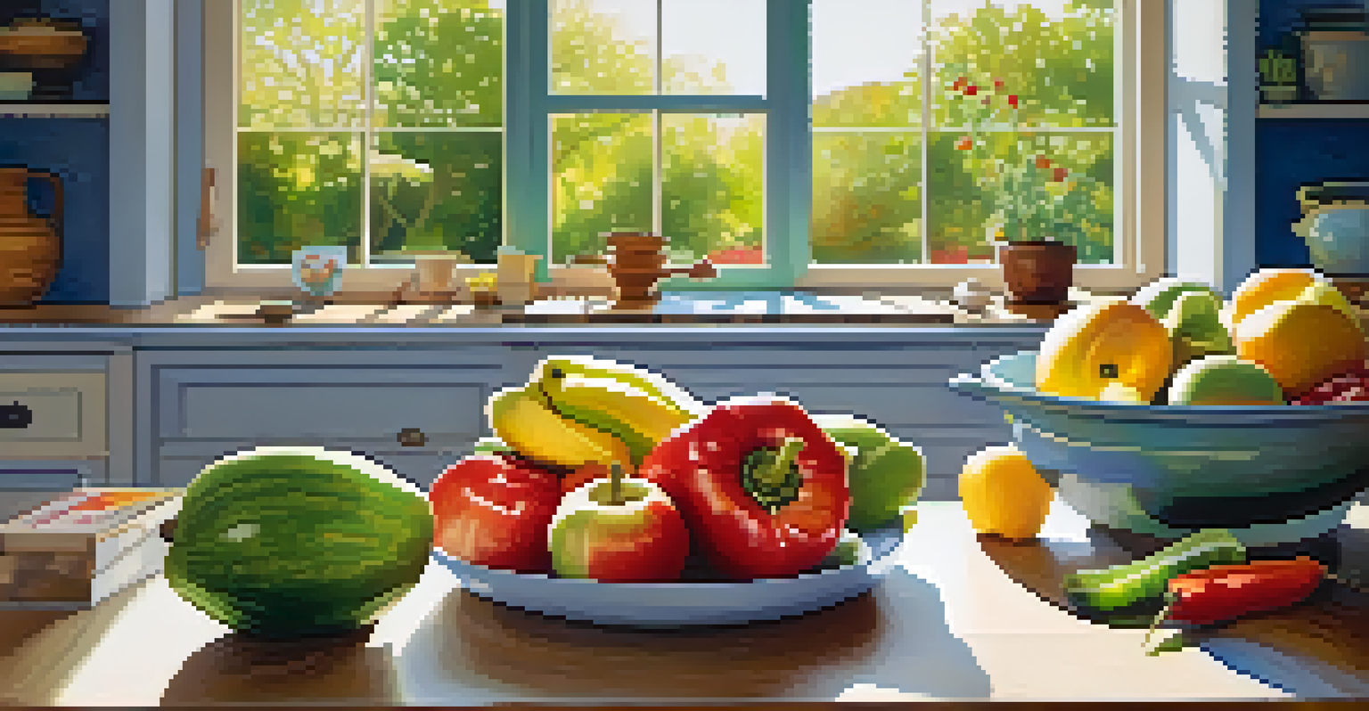 A cozy kitchen with a wooden countertop displaying a variety of raw fruits and vegetables, illuminated by sunlight from a window.
