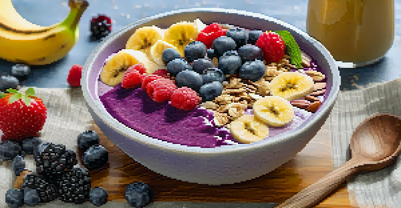 A close-up of a smoothie bowl topped with bananas, berries, and granola on a textured cloth.