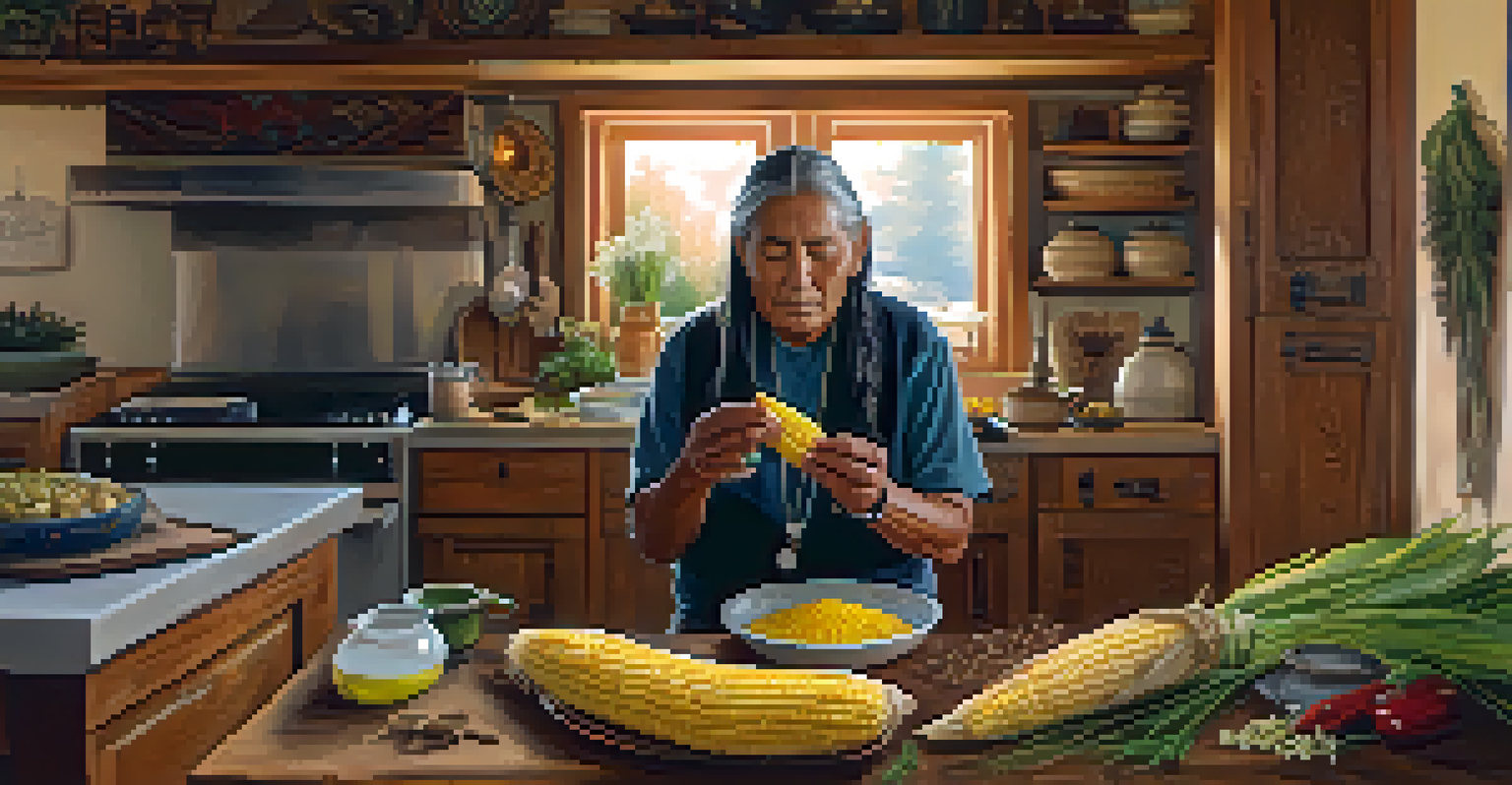 A Native American elder performing a food preparation ritual with fresh corn in a cozy kitchen.