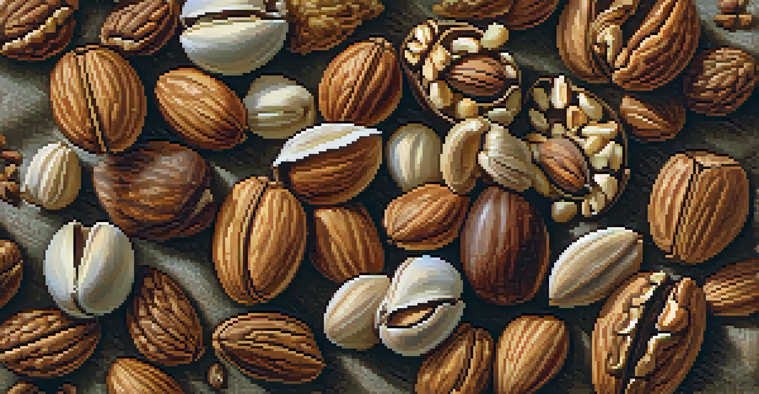 A close-up view of a handful of mixed raw nuts and seeds on a textured napkin.