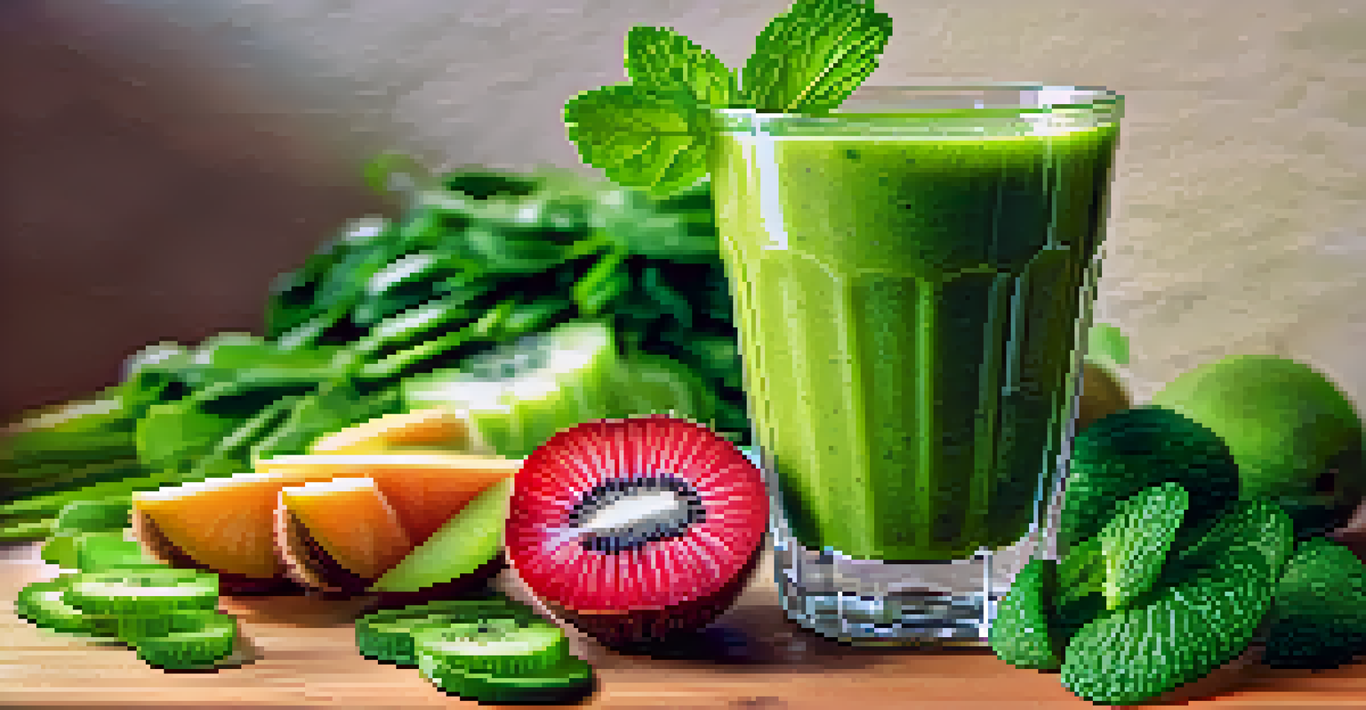 A close-up of a green smoothie in a glass, garnished with kiwi and mint, with a blurred background of fruits and vegetables.