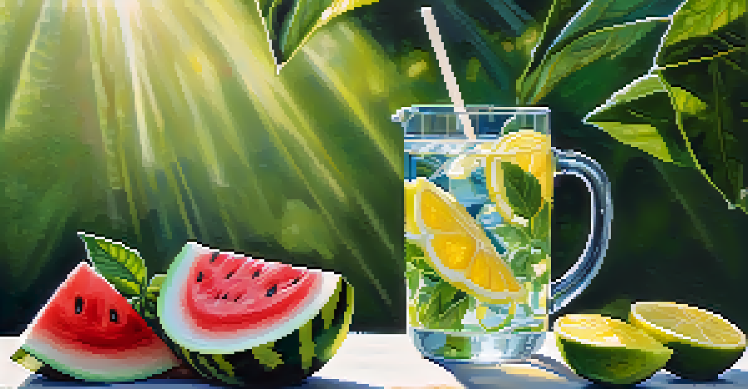 A glass of lemon and berry infused water next to a slice of watermelon, with sunlight filtering through leaves.