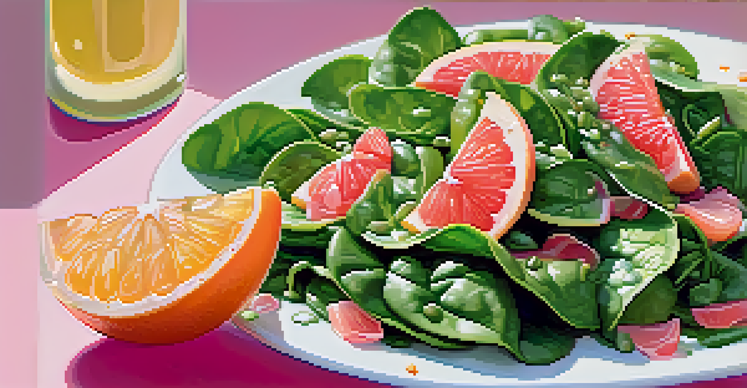 A close-up of a colorful salad with spinach and grapefruit, drizzled with lemon vinaigrette.