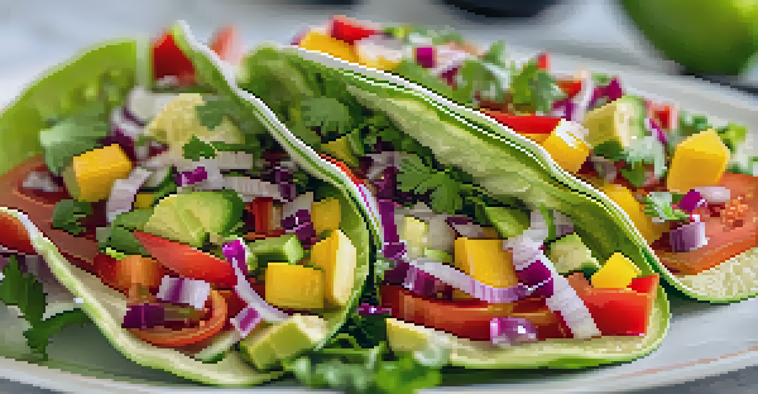 Raw veggie tacos made with lettuce leaves, bell peppers, and avocado on a white plate with garnishes.
