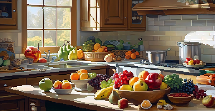 A bright kitchen with fresh fruits and vegetables on the countertop illuminated by sunlight.