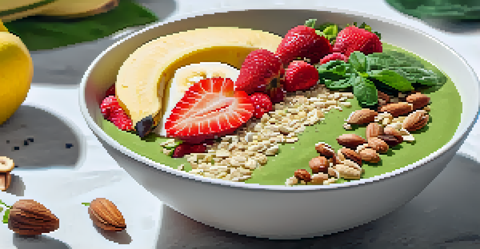A smoothie bowl topped with seeds, nuts, and coconut flakes, surrounded by fresh fruits on a light countertop in soft morning light.