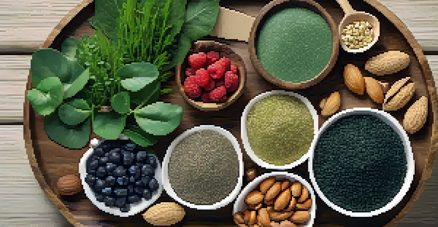 A wooden platter displaying various functional foods like chia seeds, spirulina, nuts, and berries, with small labels, surrounded by green plants and bathed in soft light.