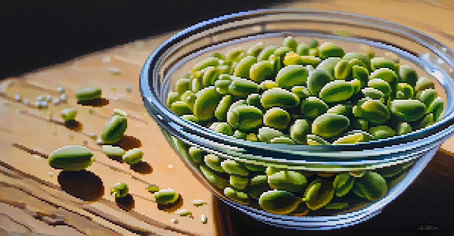 Close-up of sprouted legumes in a glass bowl on a wooden surface, with nutritional yeast and a spoon.