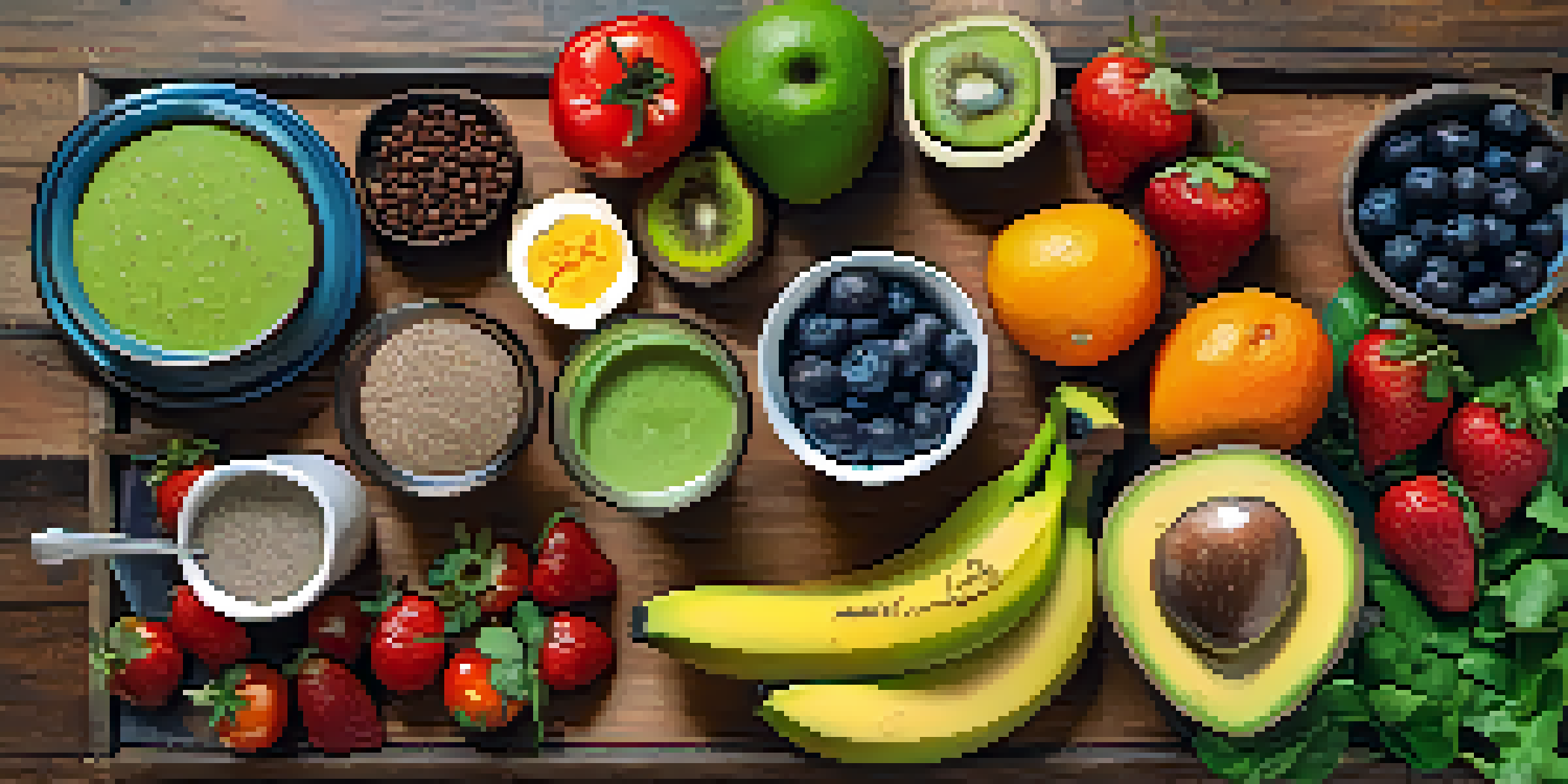 A colorful display of fresh fruits and a salad on a wooden table, with a green smoothie and chia seeds.