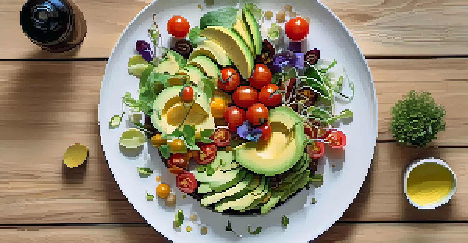 A beautifully arranged plate of raw food including avocados, tomatoes, and sprouts on a wooden table.