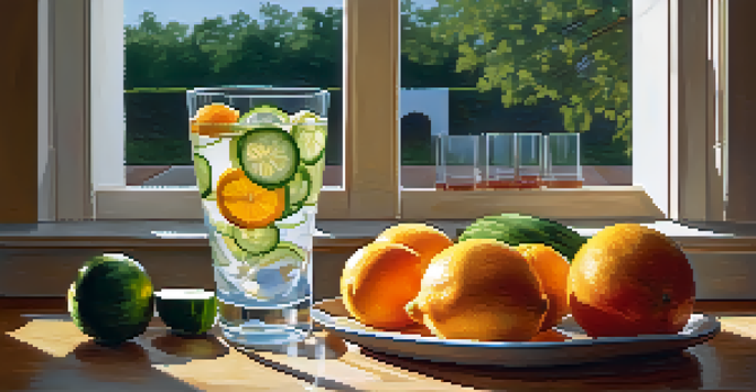 A glass of water with lemon and cucumber slices on a wooden table, alongside a colorful arrangement of fresh fruits.