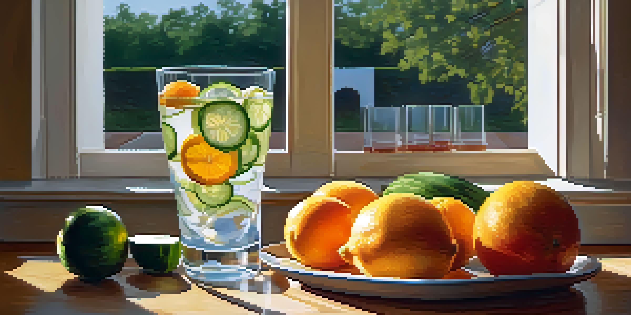 A glass of water with lemon and cucumber slices on a wooden table, alongside a colorful arrangement of fresh fruits.