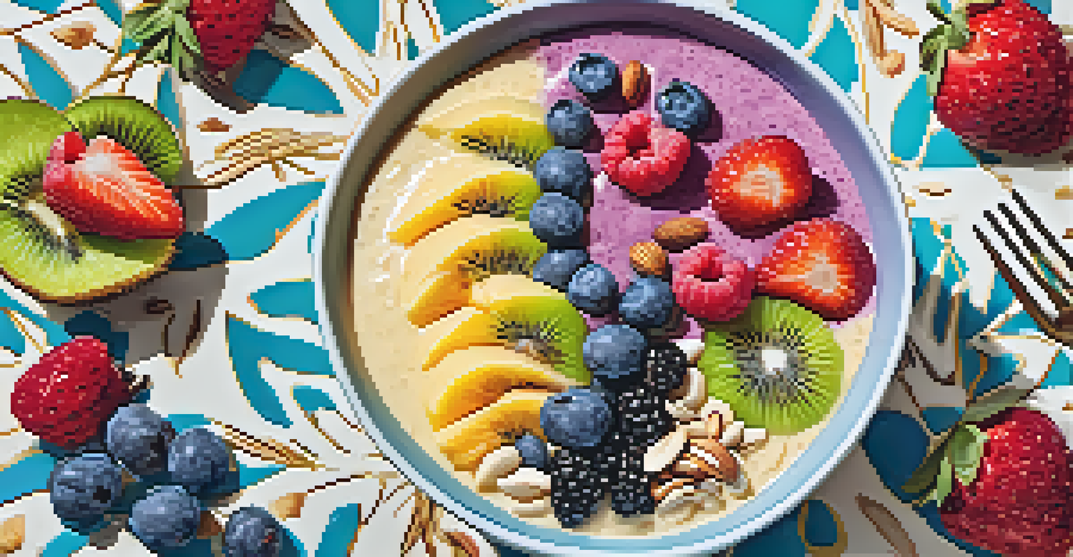 A close-up view of a smoothie bowl garnished with fruits, nuts, and edible flowers on a colorful tablecloth.