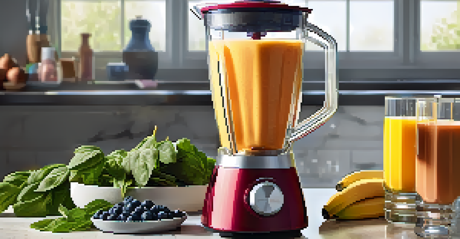 A hand pouring fresh fruits and greens into a blender for a raw smoothie preparation in a bright kitchen.