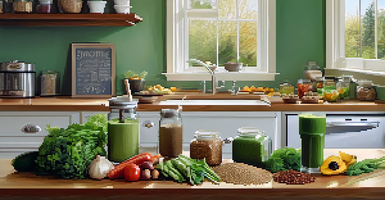 A cozy kitchen countertop displaying raw ingredients and a glass jar of green smoothie, with warm lighting.