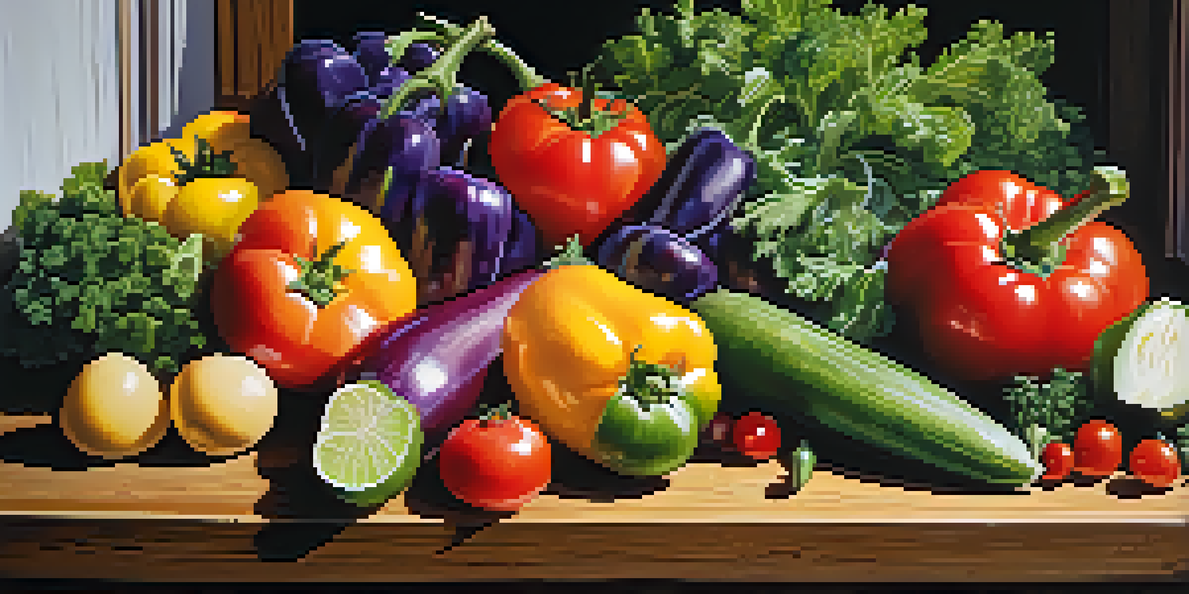 A colorful display of fresh raw fruits and vegetables on a wooden table, illuminated by natural sunlight.
