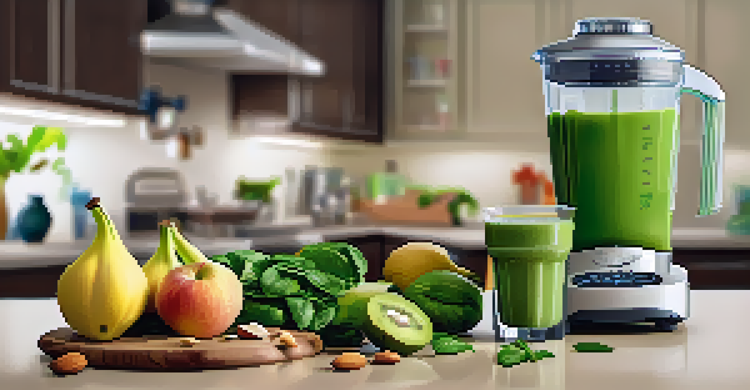 A kitchen with a blender containing a green smoothie and an array of fresh fruits and vegetables on the countertop.