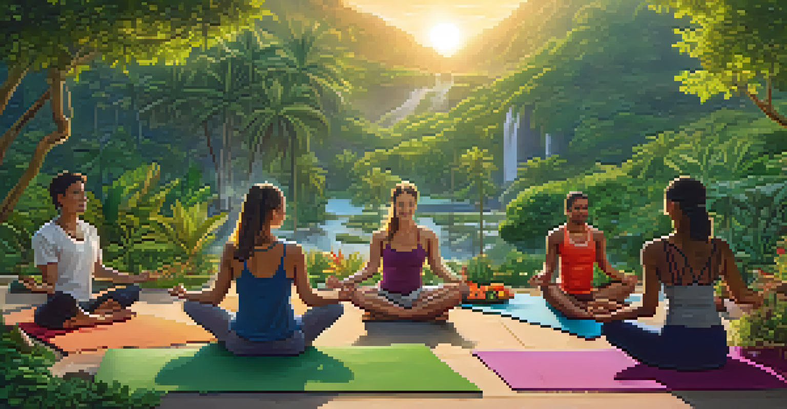 A wellness retreat with people practicing yoga outdoors, with a vibrant raw food meal in the foreground, illuminated by sunset light.
