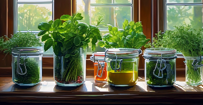 A kitchen counter displaying fresh herbs and colorful spices in glass jars, with sunlight enhancing their colors and textures.