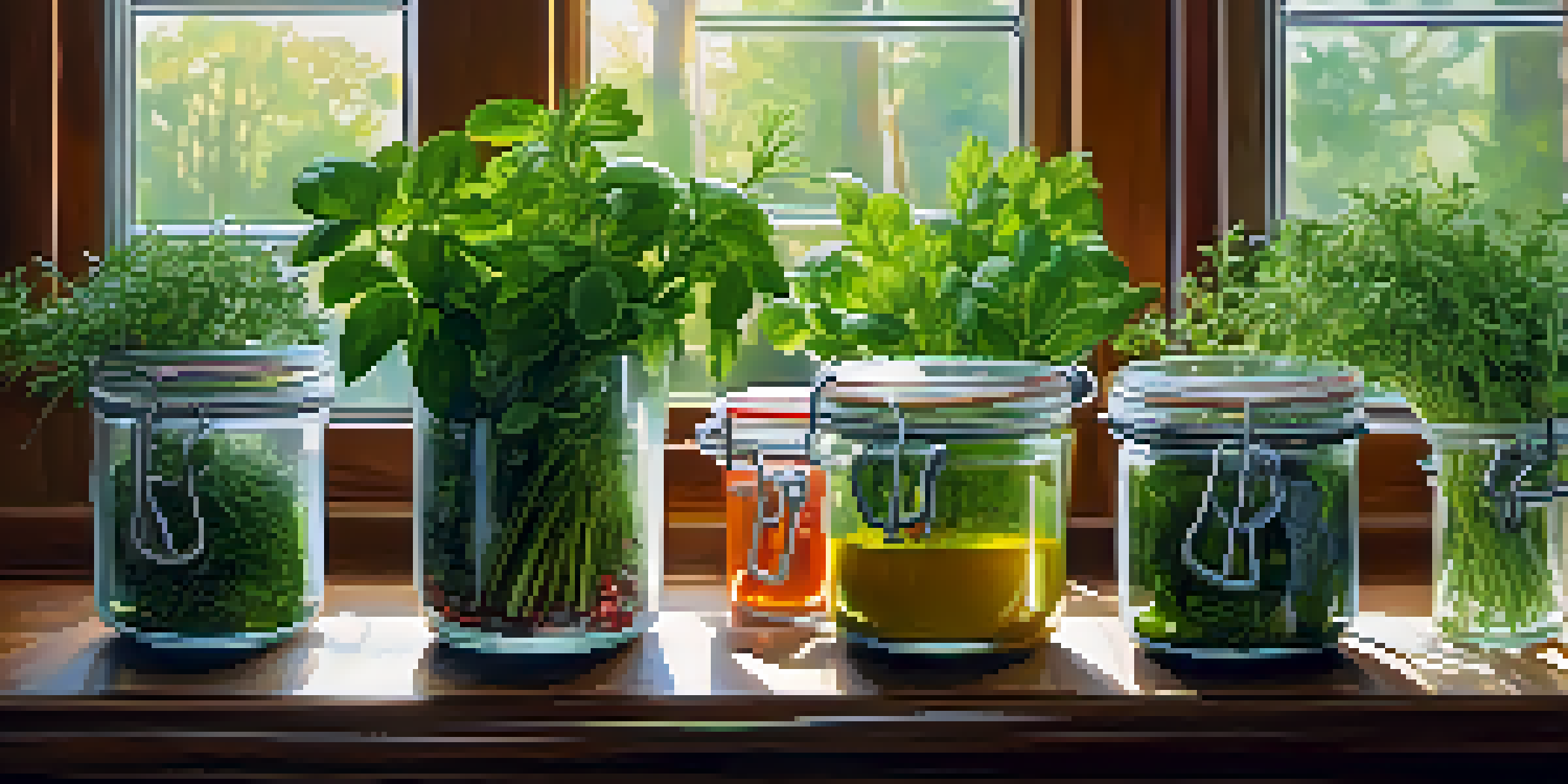 A kitchen counter displaying fresh herbs and colorful spices in glass jars, with sunlight enhancing their colors and textures.