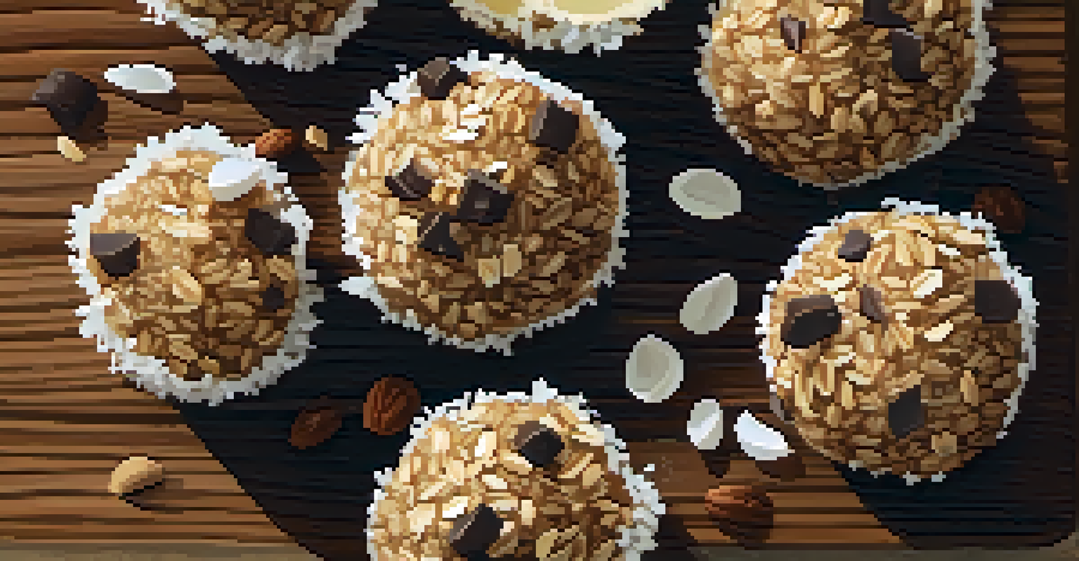 A close-up of raw energy balls made of oats, dates, and chocolate chips on a wooden surface.