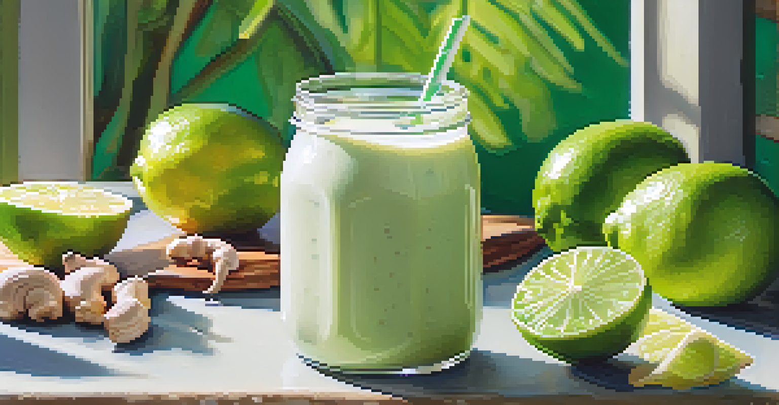 A glass of refreshing cashew milk with ginger and lime in a summer kitchen, surrounded by ginger roots, lime wedges, and cashews.