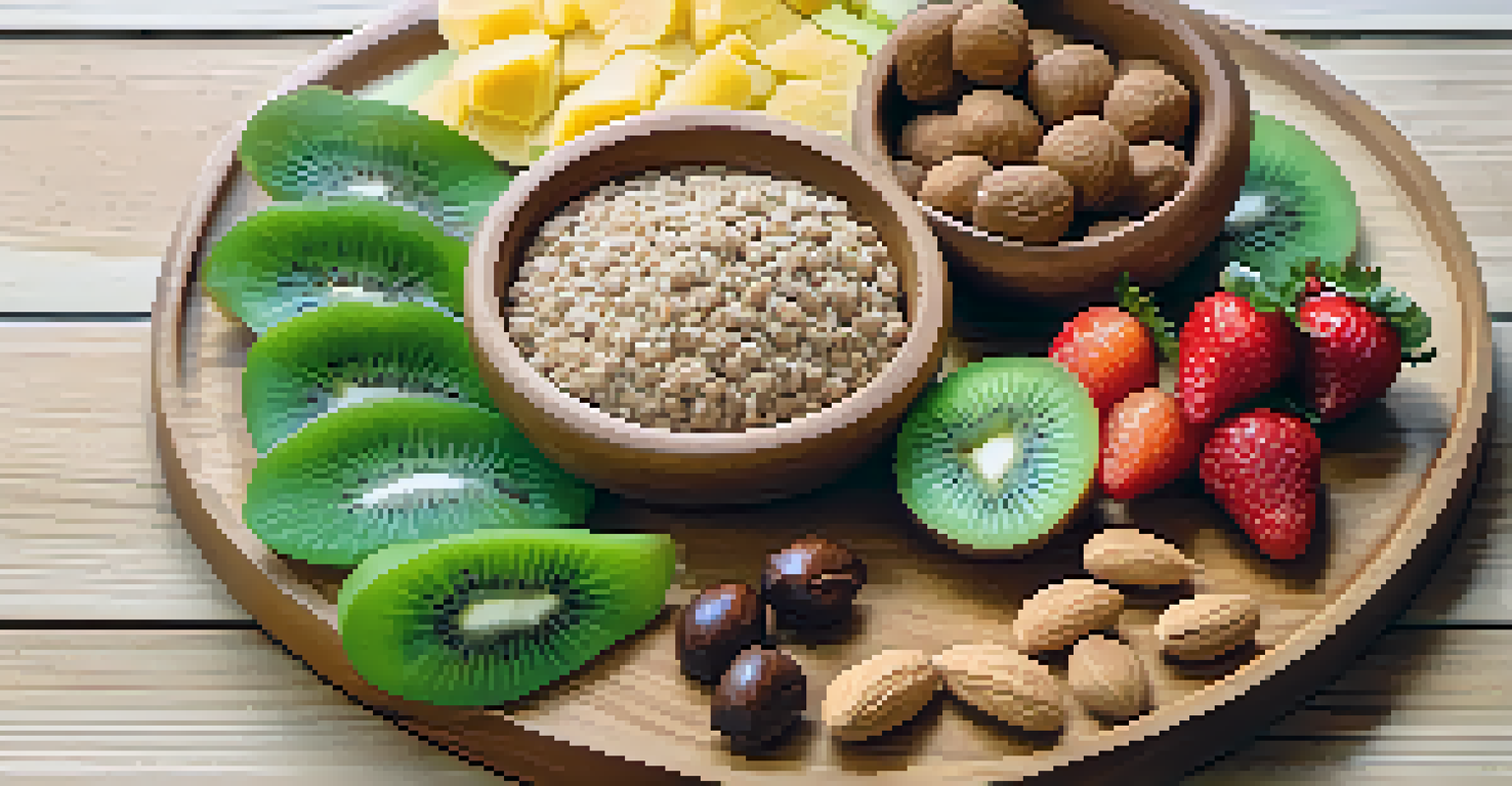 A wooden platter with an arrangement of raw vegan snacks including energy balls, sliced fruits, and almond butter, set against a green backdrop.