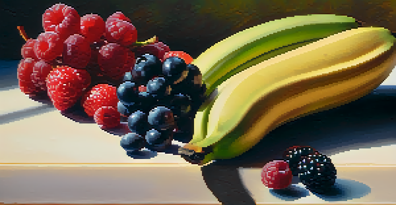 A close-up of a hand holding a banana and mixed berries, with sunlight highlighting the fruits' colors and textures.