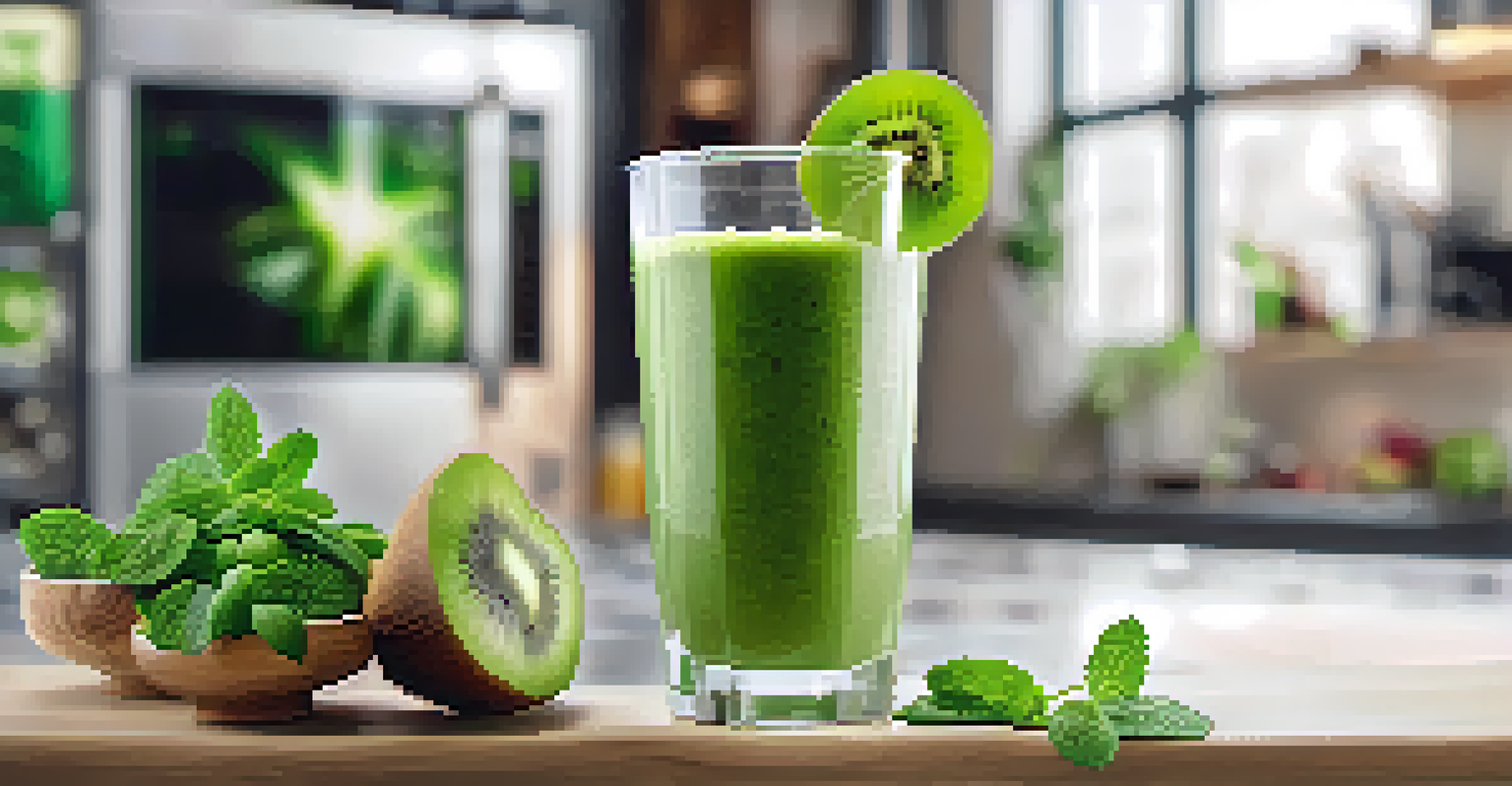 A green smoothie in a glass with kiwi and mint on top, set against a blurred kitchen background with fresh ingredients.