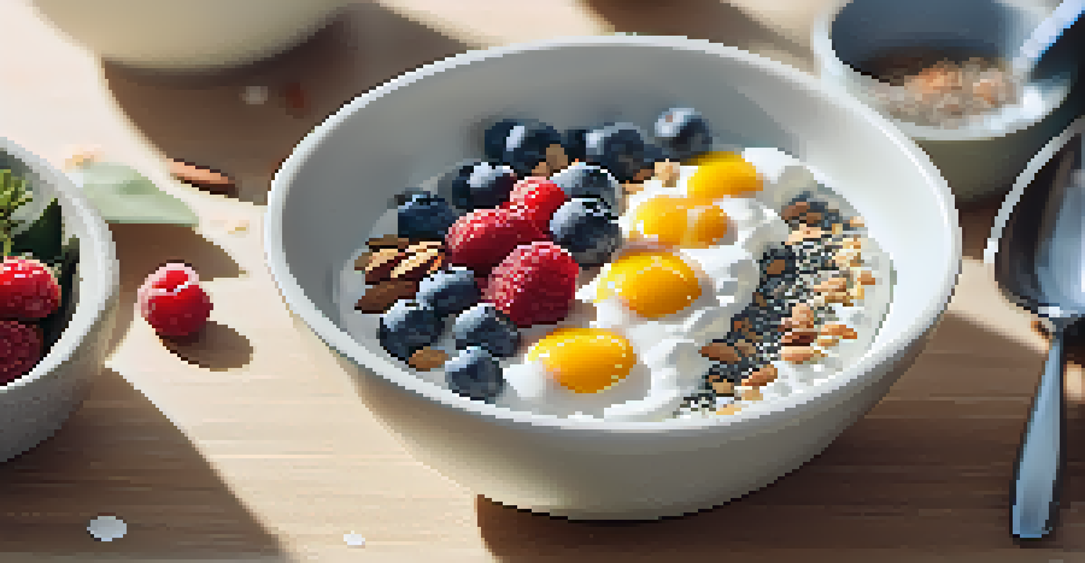A healthy breakfast bowl with yogurt, chia seeds, almonds, and berries, beautifully arranged on a light table.