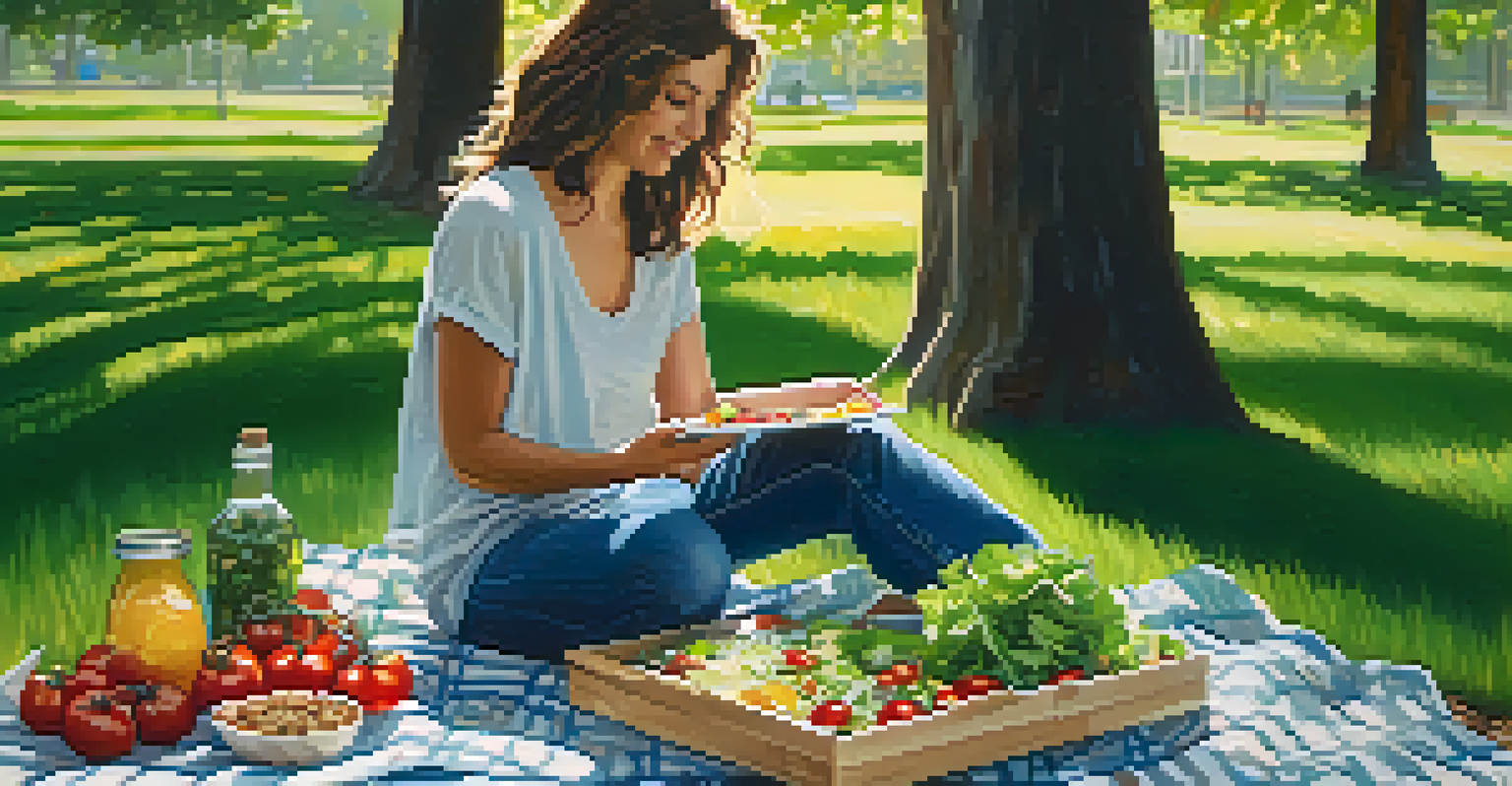 A person enjoying a colorful raw food salad on a picnic blanket in a sunny park surrounded by trees.