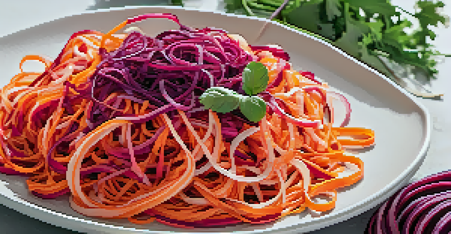 A plate of spiralized raw beet noodles and marinated carrot ribbons with a lemon-tahini dressing, set against a light background.