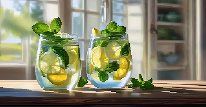 A glass of infused water with lemon, mint, and berries on a wooden table illuminated by sunlight.