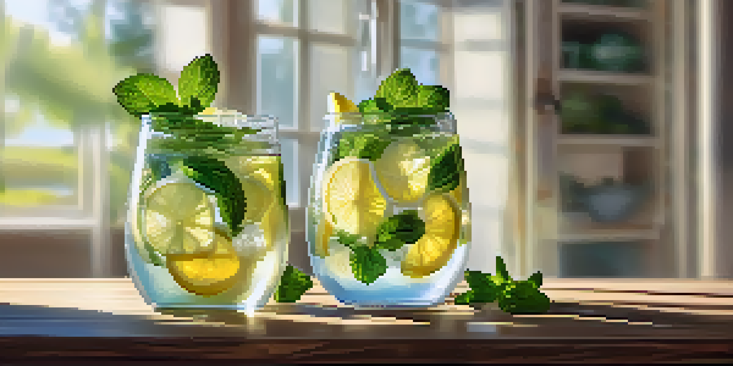 A glass of infused water with lemon, mint, and berries on a wooden table illuminated by sunlight.